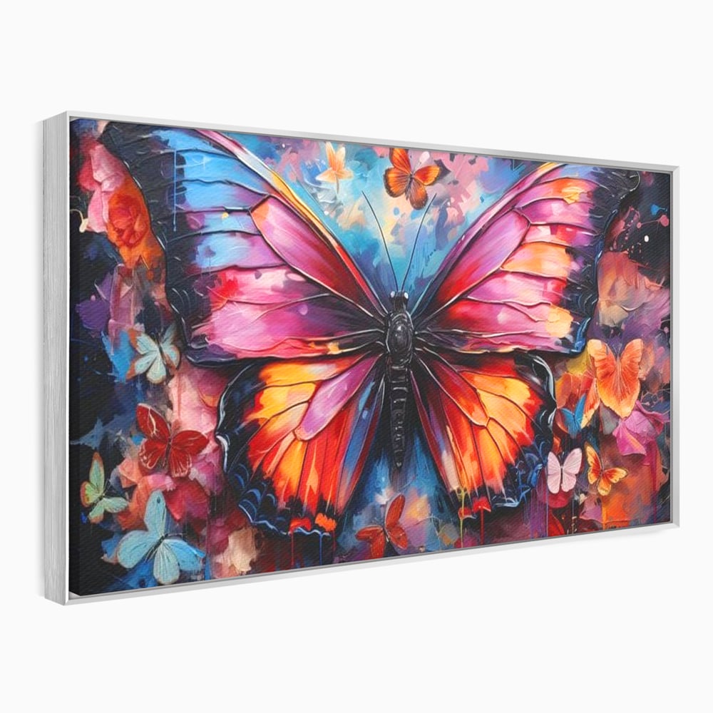 Tablou canvas cu tablou canvas cu fluture central multicolor, in rama de aluminiu argintiu